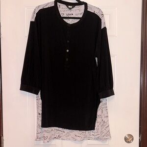 Slim Factor by Investments LS Script Tunic Top Black LG Pullover Graffiti Henley